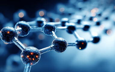 Close-up view of a molecular structure with glowing atoms