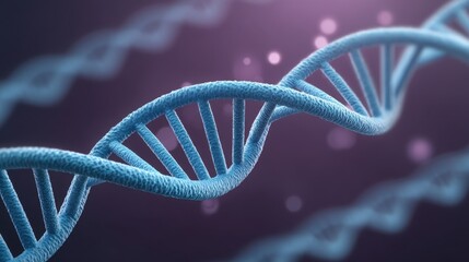 Blue DNA Helix Structure on a Soft Purple Background with Glowing Particles, Representing Genetics, Science, and Molecular Biology Concepts