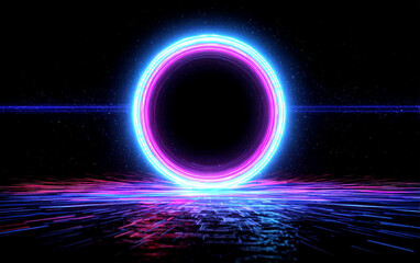 Neon glowing circular ring with futuristic light effects