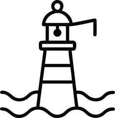 Simple line art lighthouse standing on ocean waves illustration