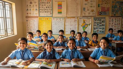 Young indian schoolchildren actively engaged in reading and learning together in a traditional classroom setting on national education day promoting childrens education and development - Powered by Adobe