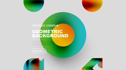 Abstract geometric background features vibrant color gradients, circles, text, button. Modern design elements create dynamic visual impact.