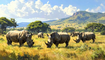 Four rhinoceroses graze peacefully in a golden savanna landscape under a vibrant sky.