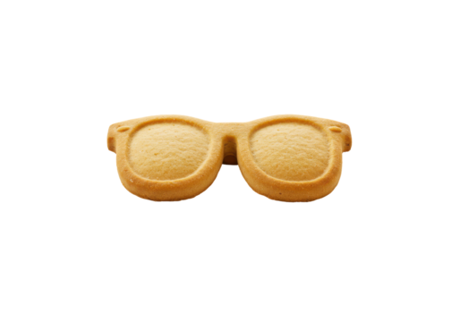 Sunglasses-shaped shortbread cookie with rounded lenses and subtle golden-brown edges