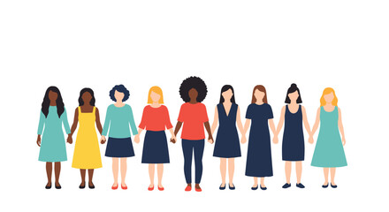 Obraz premium Diverse group of women standing together holding hands in solidarity and support for equality and empowerment