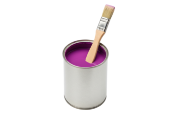 Paintbrush dipped in vibrant purple paint inside a silver metal can