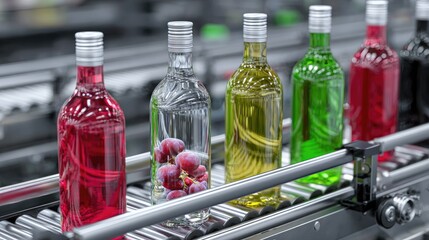 Bottles with colorful liquids on a conveyor belt
