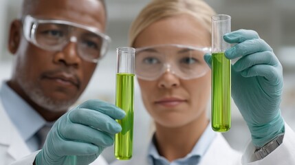 Scientists examining green liquid samples in laboratory with test tubes, focused expressions, wearing protective gear for safe experimentation and analysis