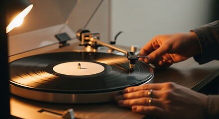 Obraz premium Hand placing needle on vinyl record for nostalgic music