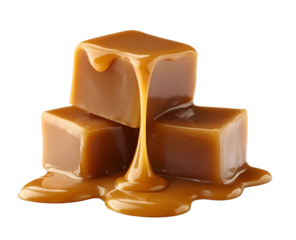 Delicious caramel cubes melting, showcasing a rich texture and sweet flavor, perfect for desserts or sweet treats.