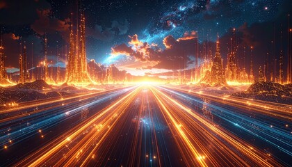 A futuristic cityscape stretches along a highway illuminated by vibrant streaks of light, bathed in warm sunset hues and a starry night sky.