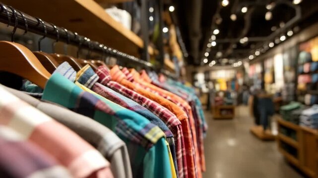 Colorful Flannel Shirts Hanging in a Clothing Store, Apparel Collection