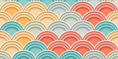 Art deco inspired seamless pattern with layered scallops in pastel shades of peach teal and yellow