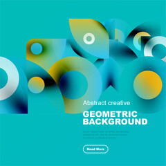 Vibrant geometric shapes overlap, creating dynamic abstract background. Turquoise, yellow, purple hues dominate composition. Modern design elements present.