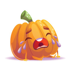 A cute cartoon pumpkin character expressing sadness with tears, ideal for Halloween themes and design