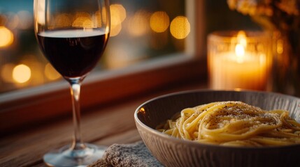 Romantic pasta dinner setup – Elegant Candlelit Dinner with Pasta and Red Wine soft candlelight ambiance, elegant table setting with red wine, cozy atmosphere perfect for food and drink storytelling