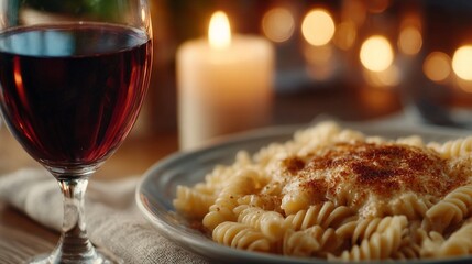 Romantic pasta dinner setup – Elegant Dining with Pasta and Red Wine in Candlelight Ambiance soft candlelight ambiance, elegant table setting with red wine, cozy atmosphere perfect for food and drink