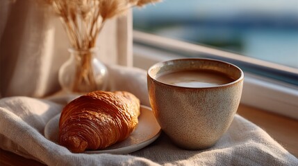Cozy Morning Breakfast with Coffee and Croissant by the Window glowing hair in golden hour light, urban fashion lifestyle, stylish pose with empowering expression