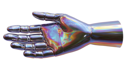 A futuristic metallic hand with a holographic sheen, symbolizing advanced robotics and innovation in technology.