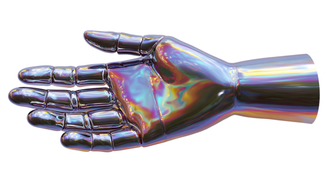 A futuristic metallic hand with a holographic sheen, symbolizing advanced robotics and innovation in technology.