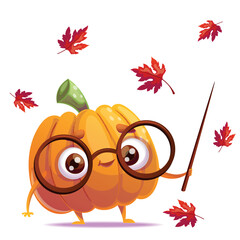 A cheerful pumpkin character wearing stylish glasses, surrounded by a variety of colorful autumn leaves