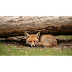 Sleeping Fox Resting Under a Log in a Forest