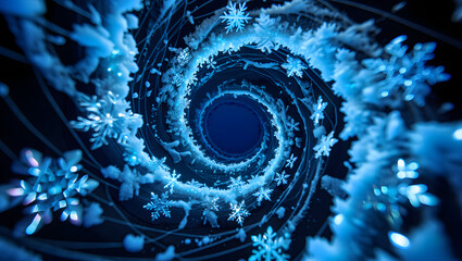 Abstract Winter Spiral: Glowing Snowflakes and Ice Crystals in a Dark Blue Vortex.