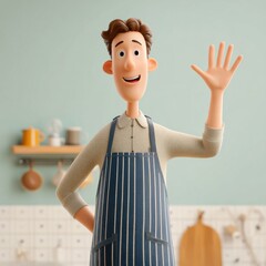 A cheerful animated character waves while standing in a cozy kitchen. The character wears a striped apron and smiles warmly, creating an inviting atmosphere.