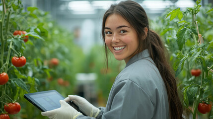 Brunette modern farmer woman holding tablet working in tomato plant field