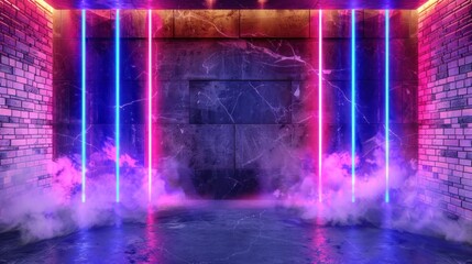 Futuristic Neon Light Wall with Pink and Blue Vertical Lights and Fog Effect