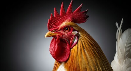 Vibrant rooster close up portrait with red comb textured feathers studio lighting.