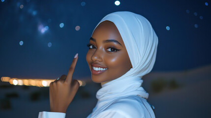 African woman wearing traditional Muslim hijab with star light for Eid al-Adha mubarak background