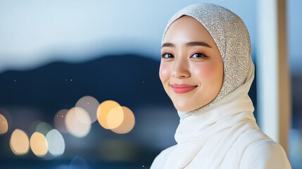 Japanese woman wearing traditional Muslim hijab with star light for Eid al-Adha mubarak background