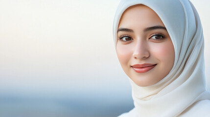 Malay woman wearing traditional Muslim hijab with star light for Eid al-Adha mubarak background