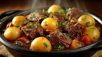Stew with meat and potatoes in a black pot with steam rising.