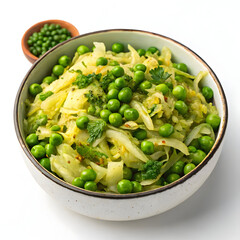 A light and flavorful Indian stir-fry made with shredded cabbage and green peas, seasoned with spices,