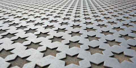 Close up perspective view of a perforated metal sheet with a repeating pattern of small star shaped cutouts