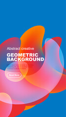 Vibrant abstract shapes overlap blue backdrop. Text promotes geometric background design, includes read more button.