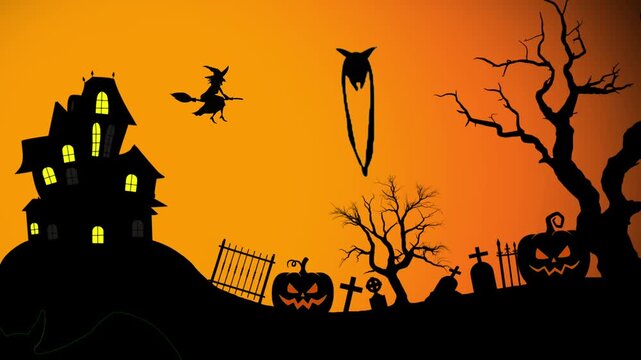 Spooky Halloween background with haunted house, flying witch on broomstick, creepy bats, glowing pumpkins, graveyard tombstones, eerie trees, and scary atmosphere on orange night background.