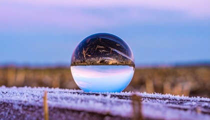 Crystal sphere reflects frosty sunrise landscape