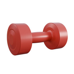 A realistic 3D render of a red dumbbell with smooth, glossy finish and precise detailing.