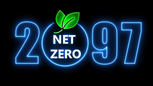 Animated neon sign text of 2097 and net zero logo with leaf symbol