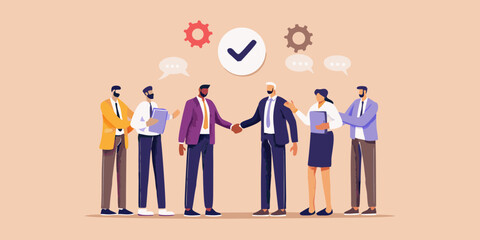 Diverse business professionals shaking hands in agreement with checkmark and gears symbolizing success and collaboration