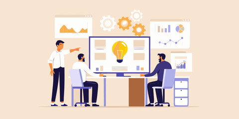 Team collaborating on a new idea presenting data and analytics on a computer screen with a lightbulb symbol