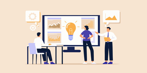Team of professionals collaborating and brainstorming ideas around a large screen displaying charts and a lightbulb