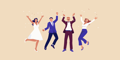 Diverse group of friends celebrating and jumping with confetti falling around them