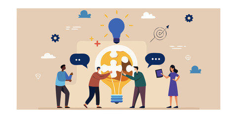 Diverse team collaborates to assemble puzzle pieces inside a glowing lightbulb symbolizing a shared innovative idea