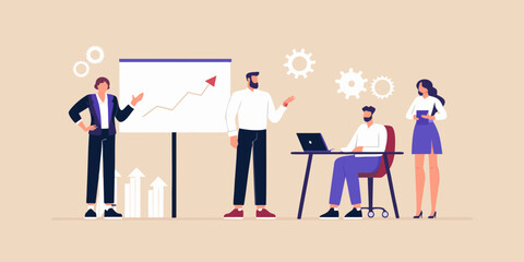 Business team collaborating and presenting growth chart on whiteboard during meeting