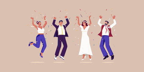 Joyful wedding party celebrating with confetti and raised hands in a festive atmosphere