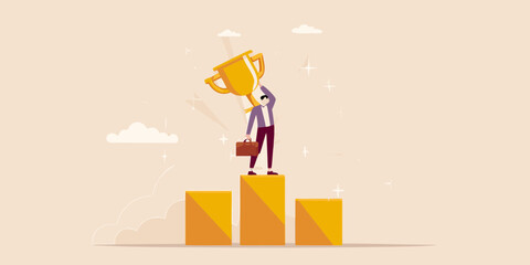 Successful businessman standing on a podium holding a golden trophy celebrating achievement and victory